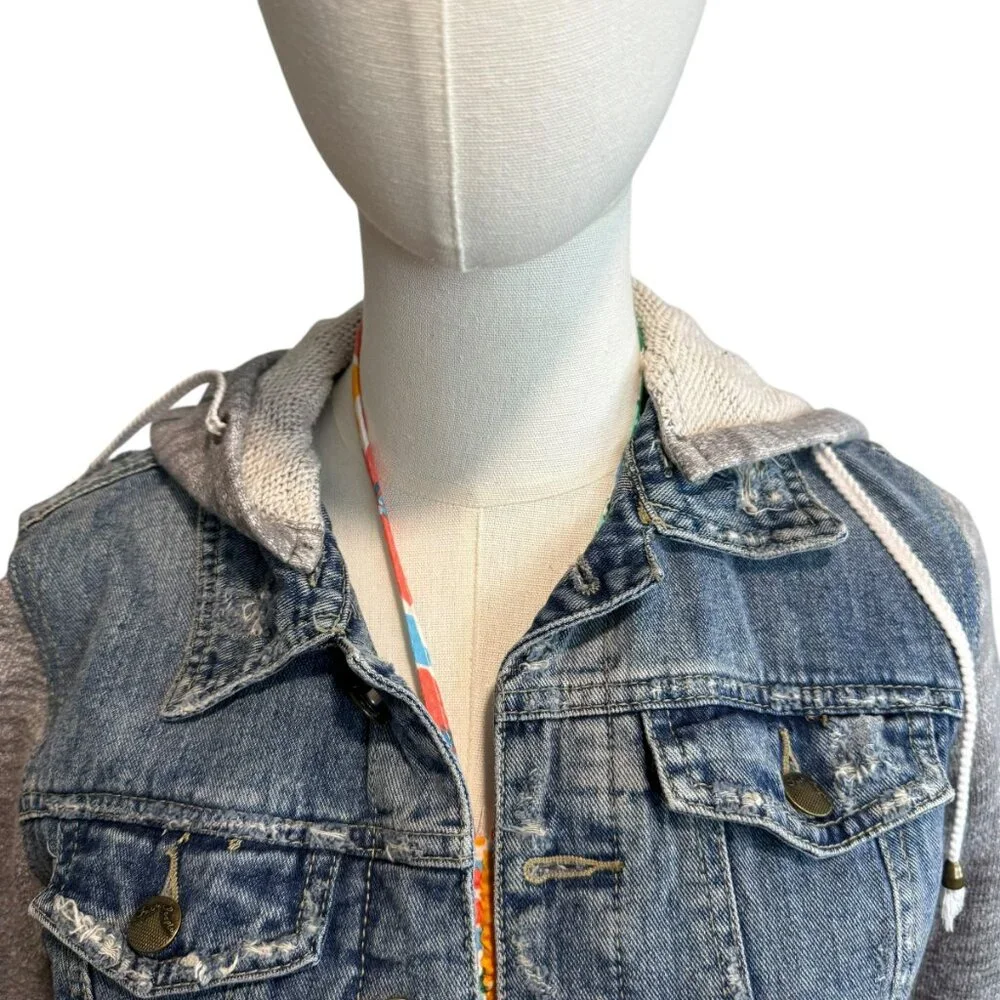Free People Blue Hood Distressed Denim/Knit Jean Jacket. Size: XS/P - Picture 7 of 7
